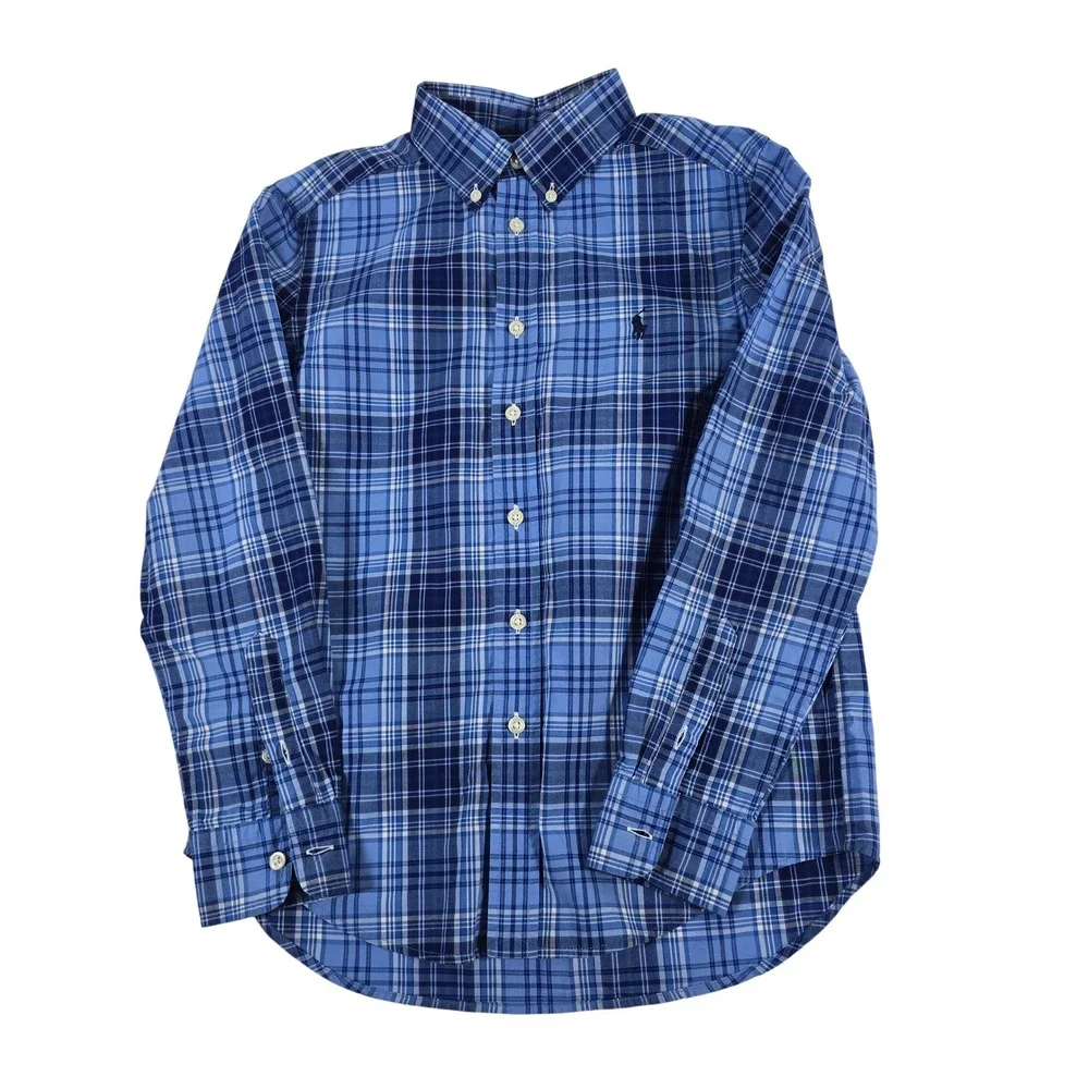 Ralph Lauren Kids Blue Plaid Button Down Shirt Size M 10-12 Long Sleeve Cotton‎